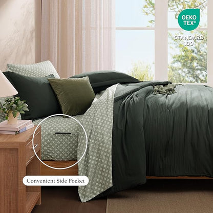 Monbix Full Size Comforter Set - 7 Pieces Deep Forest Prewashed Bed in a Bag Full Bedding Sets with Comforters, All Seasons Comforter Bed Set with Sheets, Pillowcases & Shams