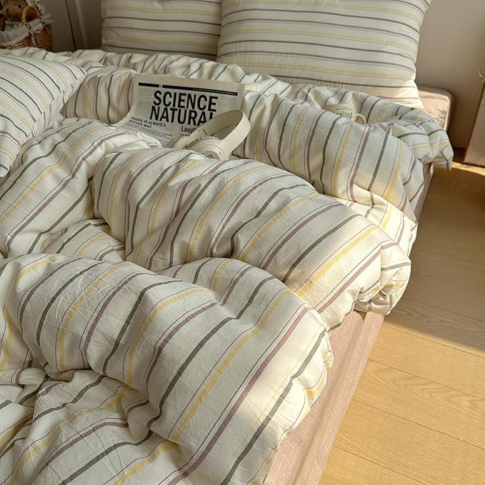 EAVD Vintage Colorful Striped Comforter Set Queen Soft Cotton 3-Piece Retro Vertical Striped Bedding Set with 2 Pillowcases Boho Geometric Comforter Set for All-Season(Green&Yellow&Brown, Queen)
