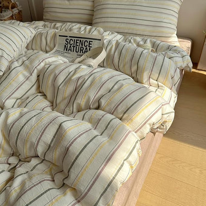 EAVD Vintage Colorful Striped Comforter Set Queen Soft Cotton 3-Piece Retro Vertical Striped Bedding Set with 2 Pillowcases Boho Geometric Comforter Set for All-Season(Green&Yellow&Brown, Queen)