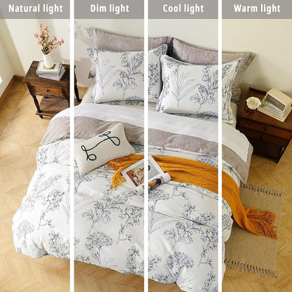 Floral Cotton Comforter King Size 3Pcs - Vintage Design with Luxurious Black Sketched Flowers & Leaves on Cream, Retro Taupe Reversible Lightweight Bedding Sets with Soft Fill(104"×90")