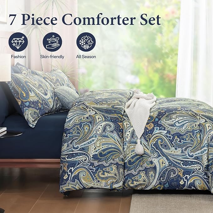 DJY Paisley Comforter Set King Size Navy Gold Boho Bed in a Bag 7 Piece, Soft Microfiber Vintage Paisley Floral Pattern Complete Bedding Set for All Season (104''x90)
