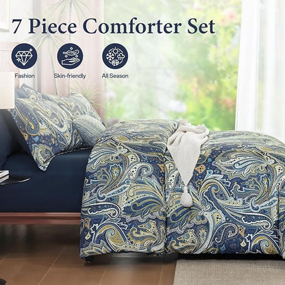 DJY Paisley Comforter Set King Size Navy Gold Boho Bed in a Bag 7 Piece, Soft Microfiber Vintage Paisley Floral Pattern Complete Bedding Set for All Season (104''x90)
