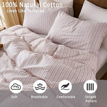 Merryword 100% Cotton Duvet Cover Set King Size - White & Pink Stripes Duvet Cover with Pillowcases, Soft Breathable Bedding Set Modern Minimalist Pinstripe Comforter Cover for All Seasons