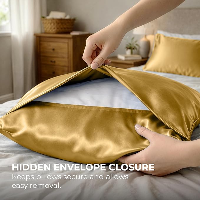 Pure Bedding Satin Pillowcase 2 Pack - King Size (20"x40", Gold) - Silky Pillow Cases for Hair and Skin - Satin Pillow Covers with Envelope Closure - Extra Soft Premium Microfiber