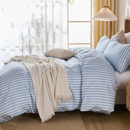 Merryword Blue and White Striped Duvet Cover Set King Size, 100% Cotton Linen Like Textured Bedding with Classic Vertical Stripes, Soft Lightweight Reversible Comforter Cover for All Seasons