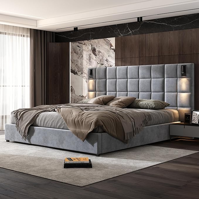 Merax California King Size Upholstered Velvet Bed Frame, with Wall Sconce and USB Port, Wide Headboard for Bedroom, (Without Bedside Tables & Mattress), Gray