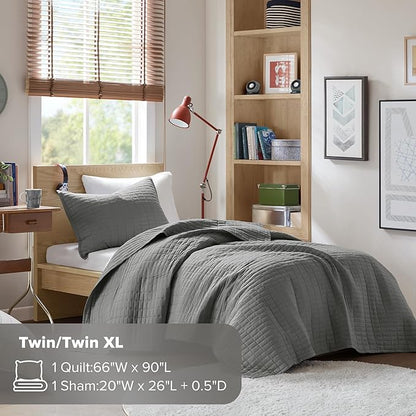 Comfort Spaces Kienna Quilt Set- Double Sided Stitching Design Summer Blanket, Lightweight, Soft, All Season Bedding Layer, Matching Sham, Charcoal, Coverlet Twin/Twin XL(66"x90") 2 Piece