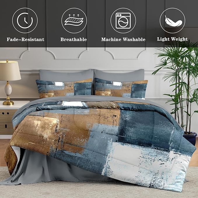 5 Pcs Twin Size Comforter Set with Pillowcase & Sham, Grey Brown Painting Bedding for Kids and Adults, Beige Contemporary Bed in a Bag with Flat Fitted Sheet