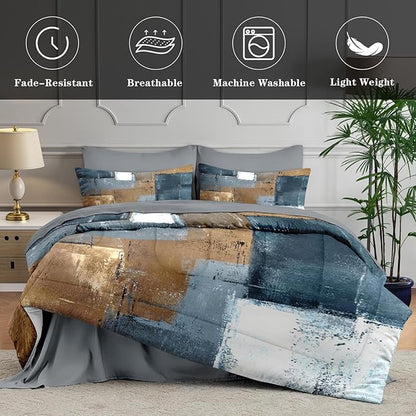 5 Pcs Twin Size Comforter Set with Pillowcase & Sham, Grey Brown Painting Bedding for Kids and Adults, Beige Contemporary Bed in a Bag with Flat Fitted Sheet