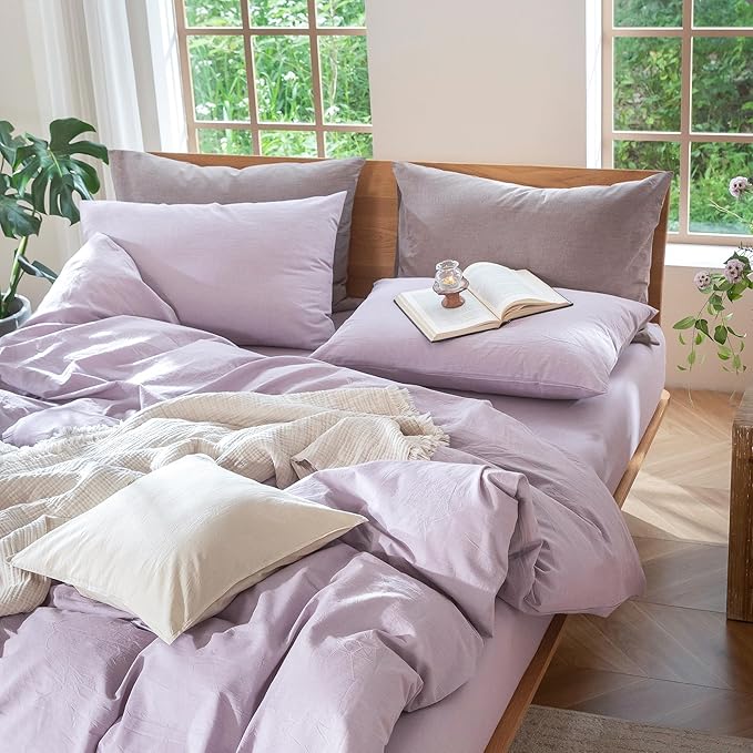 MooMee Bedding Pillowcases Pack of 2 100% Washed Cotton Linen Like Textured Breathable Durable Soft Comfy (Heathered Light Purple, King)