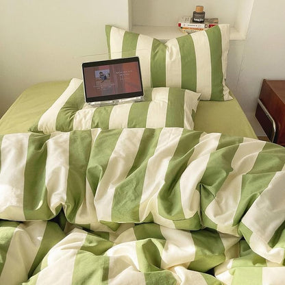 LifeTB Striped Comforter Set Twin XL Fluffy Soft Modern Style Green White Stripes Pattern Printed Bedding Set 3 Pieces Retro Striped Comforter with 2 Pillowcases Cozy Lightweght Bedding Comforter Set