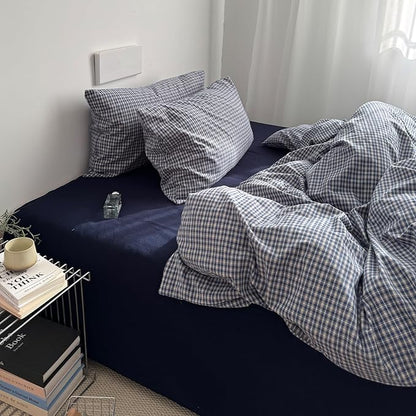 EAVD Vintage Blue Plaid Gingham Duvet Cover Queen Soft 100% Washed Cotton Reversible Grid Plaid Checkered Gingham Bedding Set with 2 Pillowcases Farmhouse Blue Plaid Duvet Cover with Zipper
