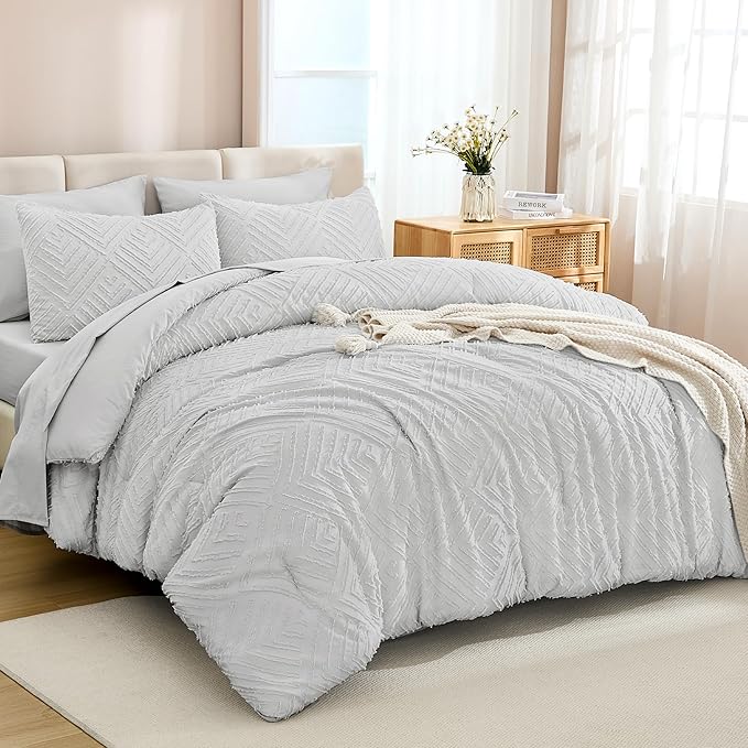 Andency Oversized King Size Comforter Set with Sheets Light Grey - 7 Pieces Bed in a Bag Oversized King Boho Tufted Lightweight Bedding Sets with Comforter, Sheets, Pillowcases & Shams