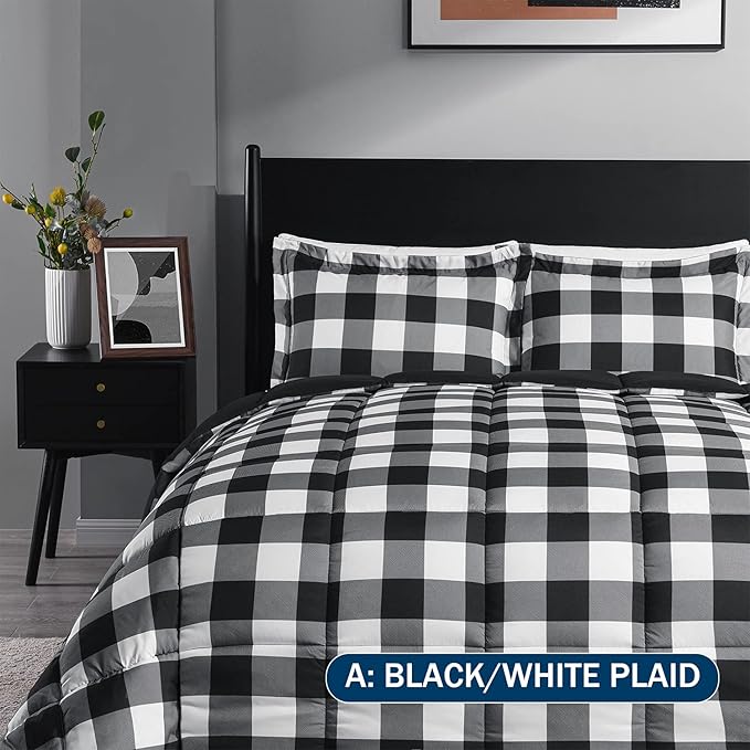 downluxe Lightweight Plaid Comforter Set (Twin) with 1 Pillow Sham - 2-Piece Set - Black/White Plaid - Down Alternative Reversible Comforter