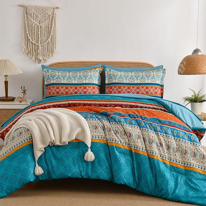 Boho Comforter Set Queen Size,7 Pieces Bohemian Comforter Bedding Set Bed in a Bag,Teal Paisley Floral Comfortet and Sheet Set,Soft Microfiber Striped Bedding Sets for All Season