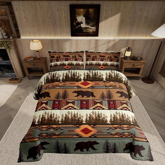Feelyou Boho Comforter Set Toddler Size Bear Comforter for Boys Girls Teens Rustic Bedding Set Cabin Duvet Set Room Decor Olive Brown Quilt Set