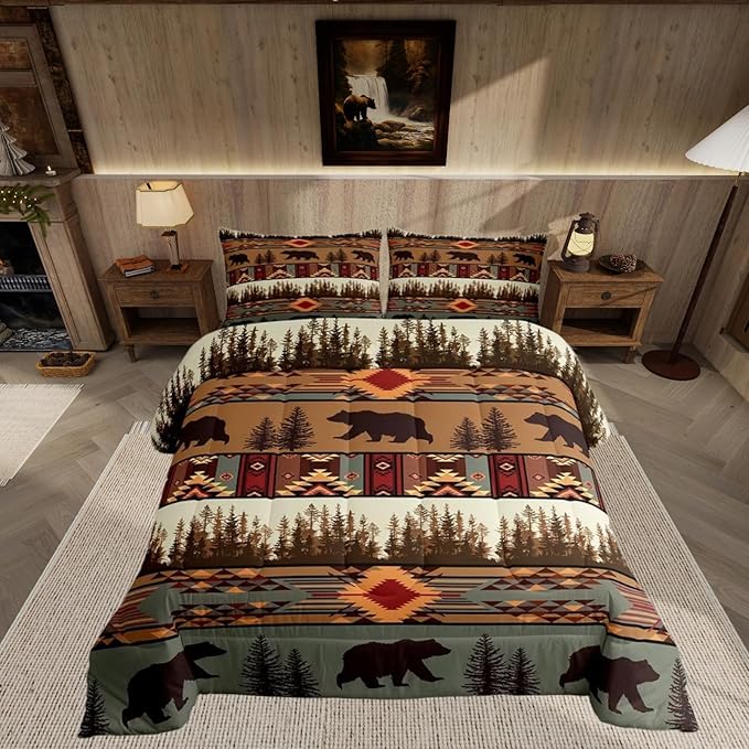 Feelyou Boho Comforter Set Twin Size Bear Comforter for Boys Girls Teens Rustic Bedding Set Cabin Duvet Set Room Decor Olive Brown Quilt Set