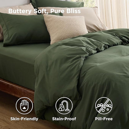 Bedsure Duvet Cover with Fitted Sheet Queen - Cooling Deep Pocket, Hotel Luxury Soft Double Brushed Bedding Set with Zipper Closure, 1 Duvet Cover, 1 Fitted Sheet, 2 Pillow Shams, NO Comforter, Green