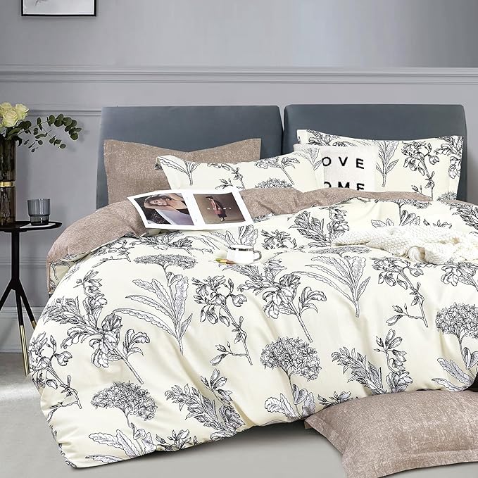 Floral Cotton Comforter Twin Size 2Pcs - Vintage Design with Luxurious Black Sketched Flowers & Leaves on Cream, Retro Taupe Reversible Lightweight Bedding Sets with Soft Fill(68"×90")