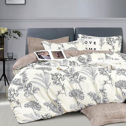 Floral Cotton Comforter Twin Size 2Pcs - Vintage Design with Luxurious Black Sketched Flowers & Leaves on Cream, Retro Taupe Reversible Lightweight Bedding Sets with Soft Fill(68"×90")