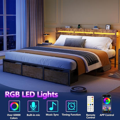 Forestell King Size Bed Frame with Wood Headboard,3 Storage Drawers & Shelf | Built-in Charging Station & LED Lights, Metal Support, No Box Spring Needed, noise-free, easy assembly, Smart RGB, USB+Type-C