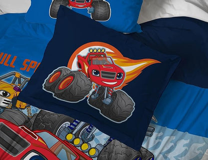 Jay Franco Kids Comforter Set Includes Sheets and Pillow Covers - Soft and Cozy Bed Set for Stylish Room Decor, Blue - Blaze and The Monster Machines, 5 Piece Twin Size Bedding