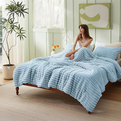 Bedsure Comforter Set Queen Size - GentleSoft™ 3 Pieces Double-Side Fleece Fluffy Light Blue Comforter Set, Cozy Striped Room Decor Aesthetic, Luxury Bedding Queen Size, 2 Pillowcases, 90x90 Inches