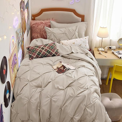 Bedsure Twin XL Comforter Set - Extra Long 5 Pieces Dorm Bedding Sets, GentleSoft™ Pinch Pleat Beige Bed in a Bag with Pintuck Comforter, Sheets, Pillowcase & Sham