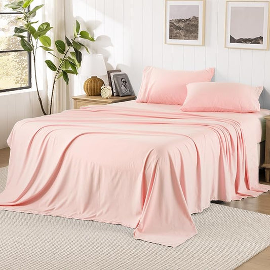 ROSE&RISY Full Size Sheet Set, Pre-Washed Microfiber Cotton-Like 4 Pcs Ultra Soft Bedding Set Full, Breathable Cooling Skin-Friendly All Seasons, 1 Fitted, 1 Flat, 2 Pillowcases (Pink, Full)