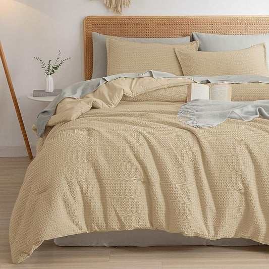 PHF Soft Waffle Comforter Set Queen Size- Comfy Breathable Waffle Weave Comforter with 2 Pillow Shams, 3 Pieces Less Snagging Lightweight Textured Bedding Set for All Season, Light Khaki