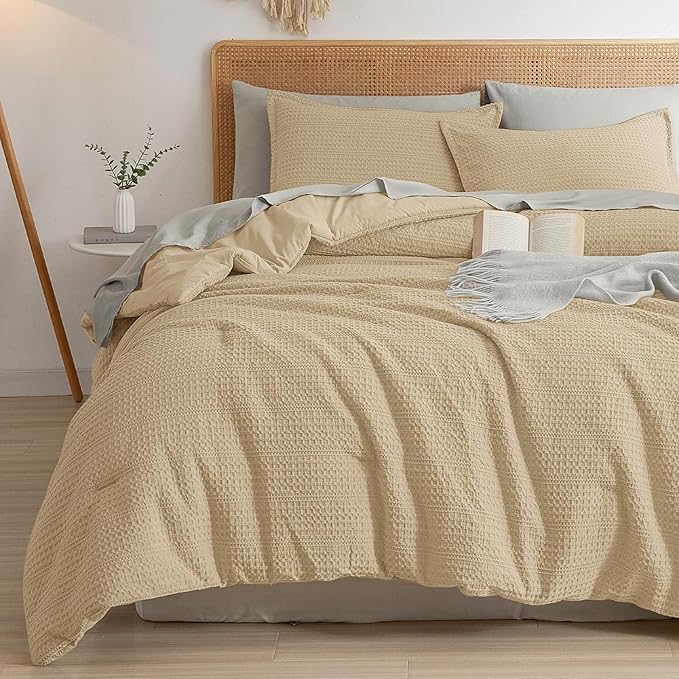 PHF Soft Waffle Comforter Set King Size- Comfy Breathable Waffle Weave Comforter with 2 Pillow Shams, 3 Pieces Less Snagging Lightweight Textured Bedding Set for All Season, Light Khaki