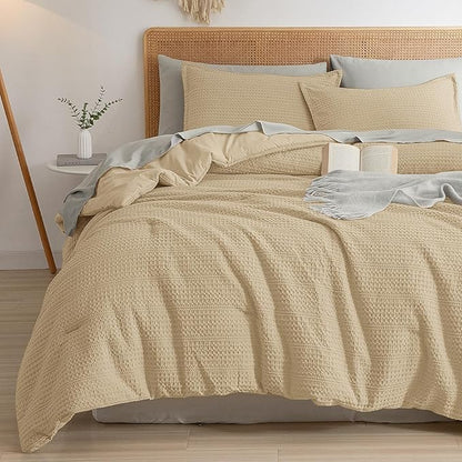 PHF Soft Waffle Comforter Set King Size- Comfy Breathable Waffle Weave Comforter with 2 Pillow Shams, 3 Pieces Less Snagging Lightweight Textured Bedding Set for All Season, Light Khaki