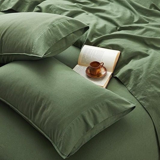 3Pcs Organic Linen Sheets Twin Size, 100% French Linen from Normandy, Breathable Forest Green Bed Sheets Twin Sheet Set with 16 Inch Deep Pocket, 1 Flat Sheet, 1 Fitted Sheet, 1 Pillowcases