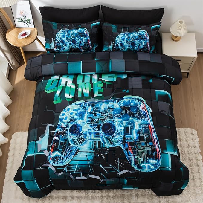 Aimuan Gamer Gaming Bedding Sets 3D Gamepad Comforter Sets for Boys Games Console Action Buttons Novelty Colorful Game Controller Modern Room Decor Home Quilt Set (Cyan, Twin 3PCS)