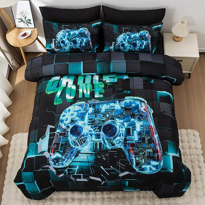 Aimuan Gamer Gaming Bedding Sets 3D Gamepad Comforter Sets for Boys Games Console Action Buttons Novelty Colorful Game Controller Modern Room Decor Home Quilt Set (Cyan, Twin 3PCS)