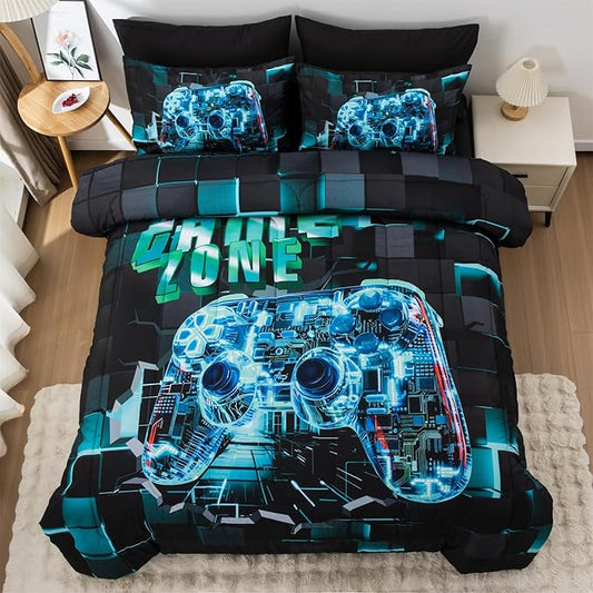 Aimuan Gamer Gaming Bedding Sets 3D Gamepad Comforter Sets for Boys Games Console Action Buttons Novelty Colorful Game Controller Modern Room Decor Home Quilt Set (Cyan, Twin 3PCS)