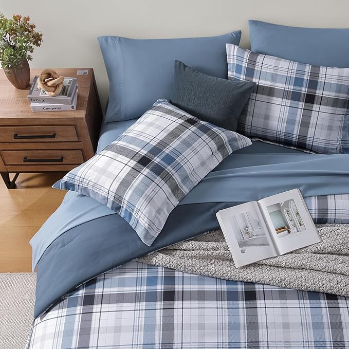 MaiRêve Twin XL Size Plaid Comforter Set Lake Blue, Classic 5 Pieces Farmhouse Bedding Set, All Season Lightweight Bed in A Bag with Sheets, Pillowcase & Sham