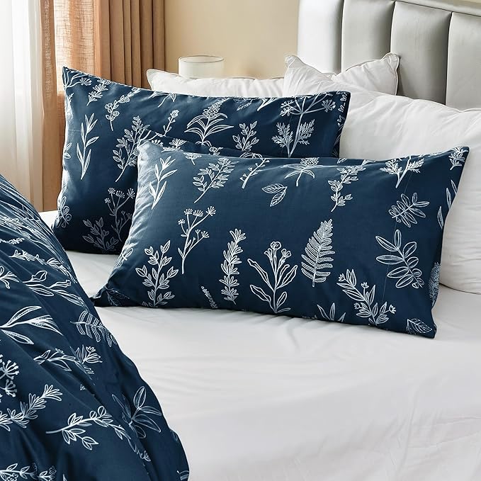 MUXHOMO Duvet Cover Full Size, Reversible Floral Navy Duvet Cover Set with Zipper Closure, 3 Pieces Botanical Patterns Soft Microfiber Bedding Set with 4 Ties (80"x90", 2 Pillow Cases)