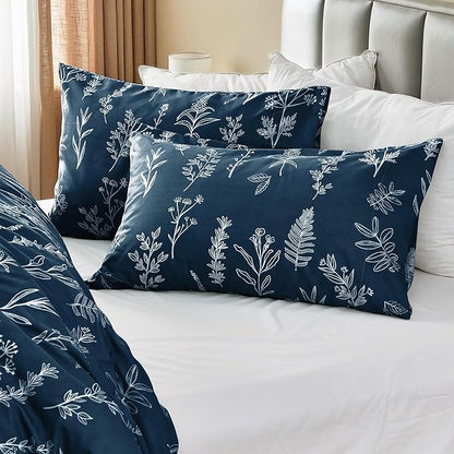 MUXHOMO Duvet Cover Full Size, Reversible Floral Navy Duvet Cover Set with Zipper Closure, 3 Pieces Botanical Patterns Soft Microfiber Bedding Set with 4 Ties (80"x90", 2 Pillow Cases)