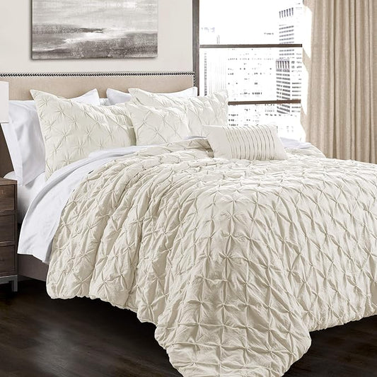 Lush Decor Ravello Pintuck Comforter Set - Luxe 5 Piece Textured Bedding Set - Traditional Glam & Farmhouse Inspired Bedroom Decor - Full/ Queen, Ivory
