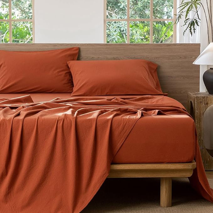 MooMee Bedding Sheet Set 100% Washed Cotton Linen Like Textured Breathable Durable Soft Comfy (Solid Rust Brown, Twin XL)