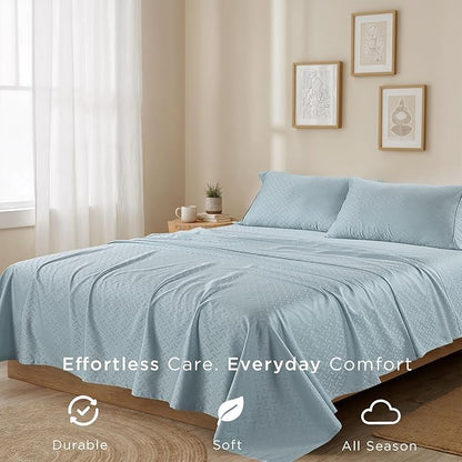 Threadmill 100% Cotton Sheets for King Size Bed | 4 Pc King Bed Sheets Set | Soft, Breathable Lightweight Damask Sateen for All-Season Use | Snug Fit Elastic Deep Pocket King Sheets | Blue