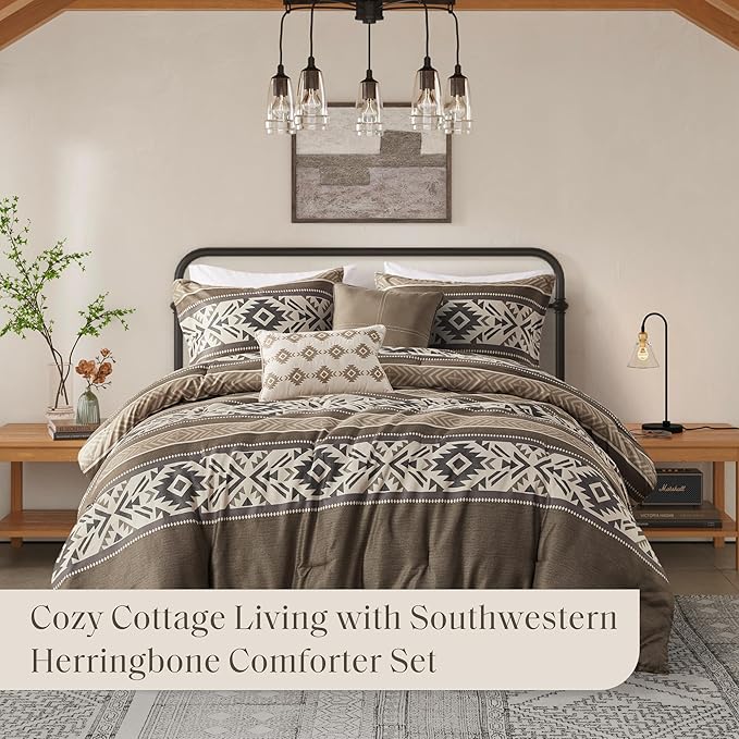Madison Park Queen Comforter Set, Stripes Herringbone Southwestern Boho Comforters Queen Size, All Season Lightweight & Fluffy Microfiber Bed Set, 2 Décor Pillows, Mariposa, Full/Queen Brown 5 Piece