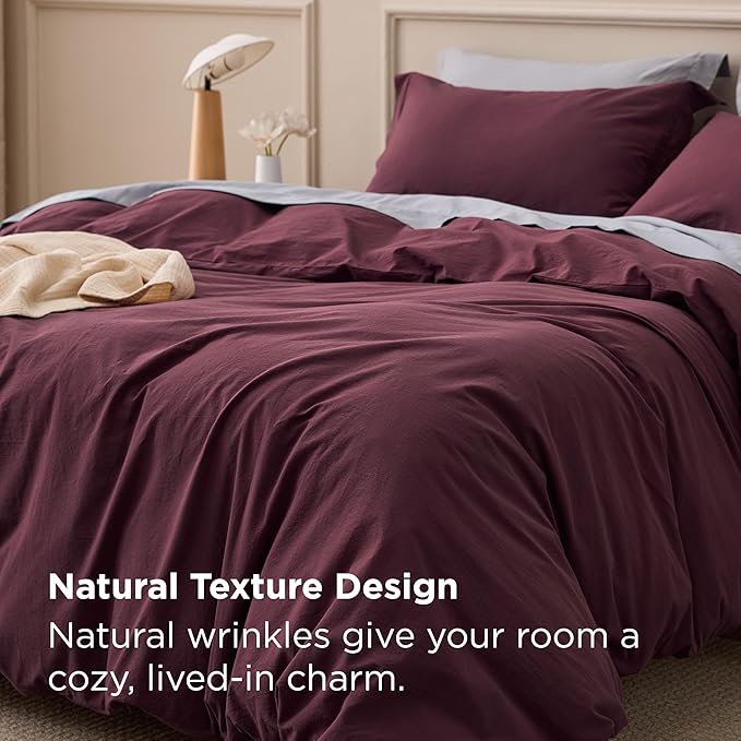 Bedsure 100% Washed Cotton Duvet Cover King Size - Burgundy Minimalist Bedding Set Linen Like - PureWoven Plain Simple & Soft Comforter Cover for All Seasons (Burgundy, King, 104"x90")