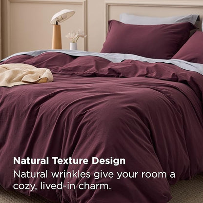 Bedsure 100% Washed Cotton Duvet Cover King Size - Burgundy Minimalist Bedding Set Linen Like - PureWoven Plain Simple & Soft Comforter Cover for All Seasons (Burgundy, King, 104"x90")