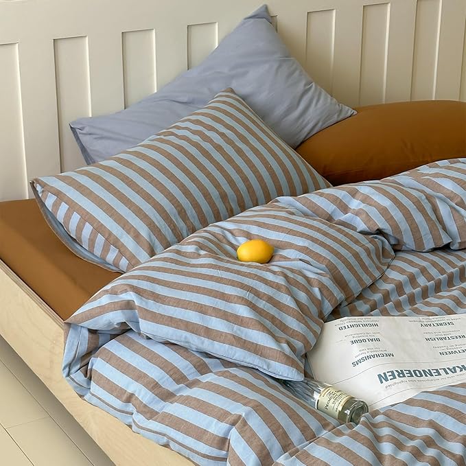 Blue Brown Striped Duvet Cover Set Twin, 100% Washed Cotton Vintage Stripes Pattern Printed Bedding Set, 3 Pieces Farmhouse Striped Comforter Cover, Soft Comfy Breathable Duvet Cover with Zipper