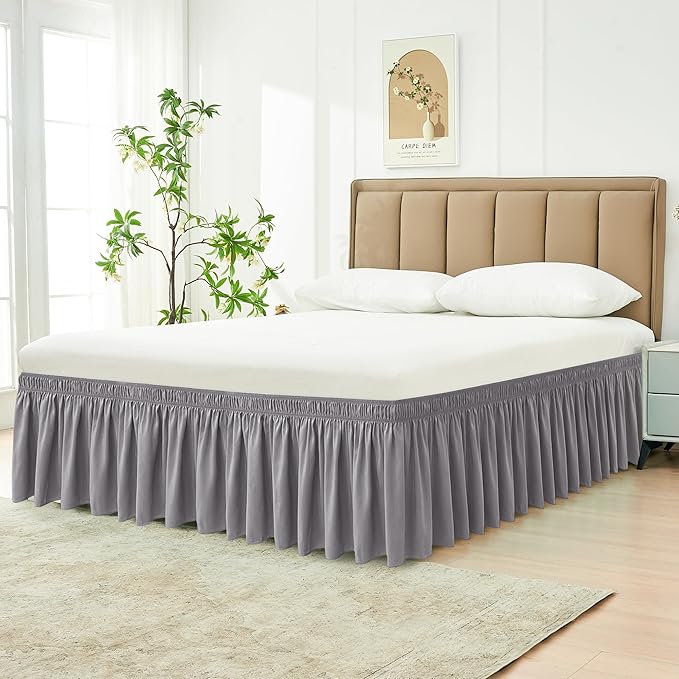 Biscaynebay Wrap Around Bed Skirts for Twin & Twin XL Beds 14" Drop, Silver Grey Adjustable Elastic Dust Ruffles Easy Fit Wrinkle Resistant Silky Luxurious Fabric Machine Washable