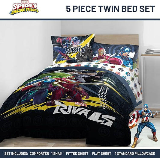 Jay Franco Kids Comforter Set Includes Sheets and Pillow Covers - Soft and Cozy Bed Set for Stylish Room Decor, Official Licensed Bedding, Multi - Marvel Rivals, 5 Piece Twin