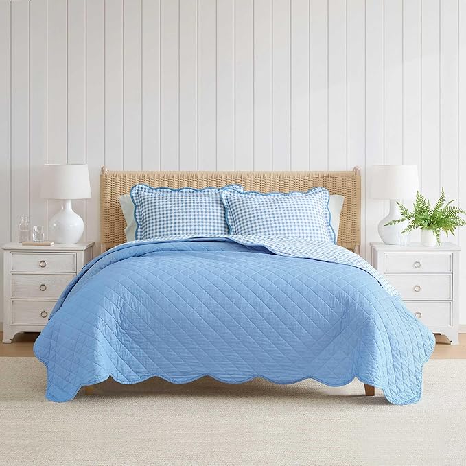 Martha Stewart - Queen Quilt Set, 100% Soft & Breathable Bedding with a Lightweight Feel for Year Round Comfort, 3 Piece Bed Set with Matching Pillowcases (Olivia Gingham Blue)