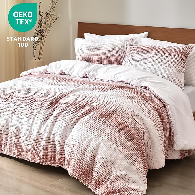 PHF Ultra Soft Yarn Dyed Waffle Weave Comforter Set King Size, 3 Pieces Lightweight Breathable Comfy Bedding Set, Comfy Textured 1 Comforter with 2 Pillow Shams, White and Brick